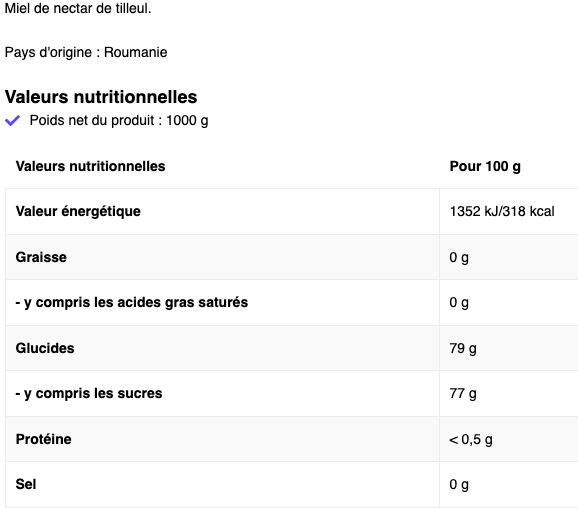 informations nutritionnelles du miel de tilleul naturel de ostrovit nutrition