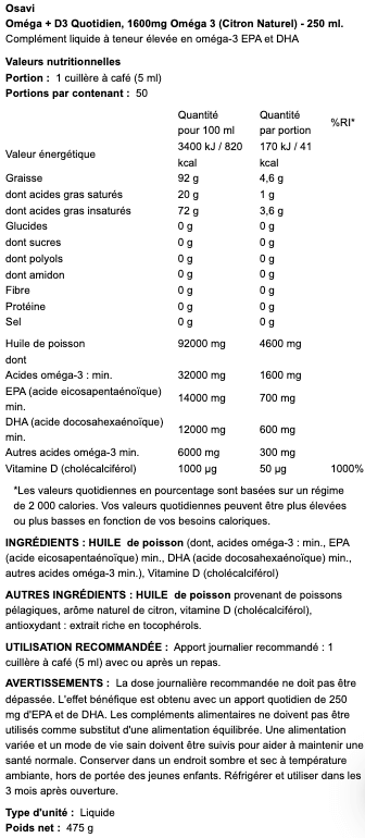 informationsnutritionnelles du daily omega plus vitamine D3 format 1600mg osavi nutrition