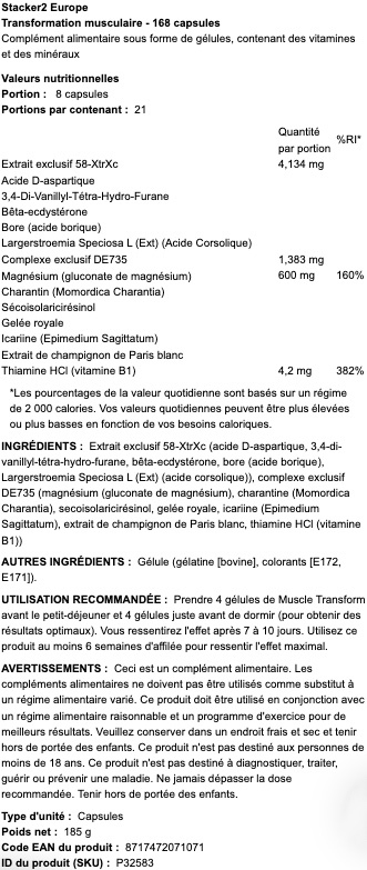 informations nutritionnelles du muscle transform 168 gelules un booster de testostérone de stacker2 europe