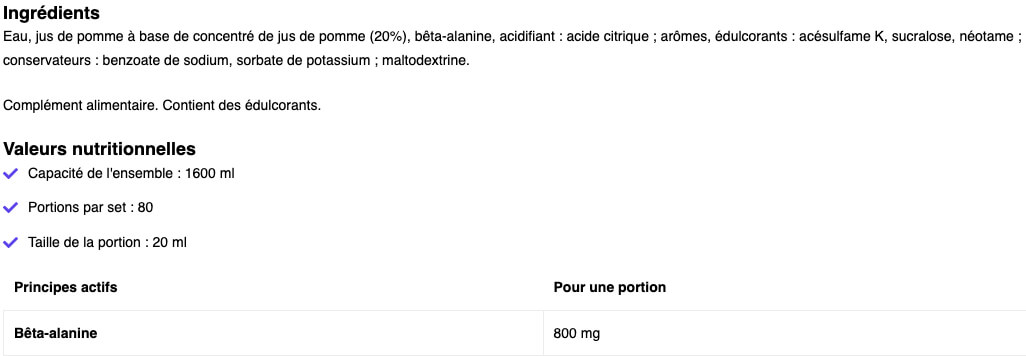 informations nutritionnelles sur le shot 80ml de beta alanine ostrovit technoly nutrition