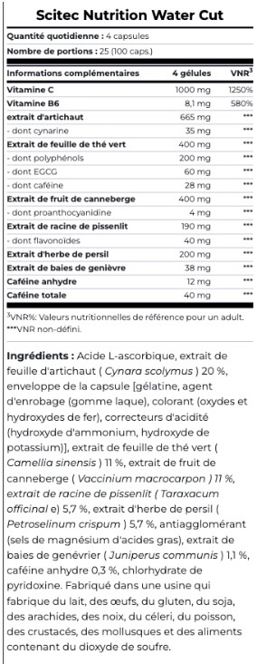 tableau des valeurs nutritionnelles du draineur water cut 100 capsules de Scitec Nutrition