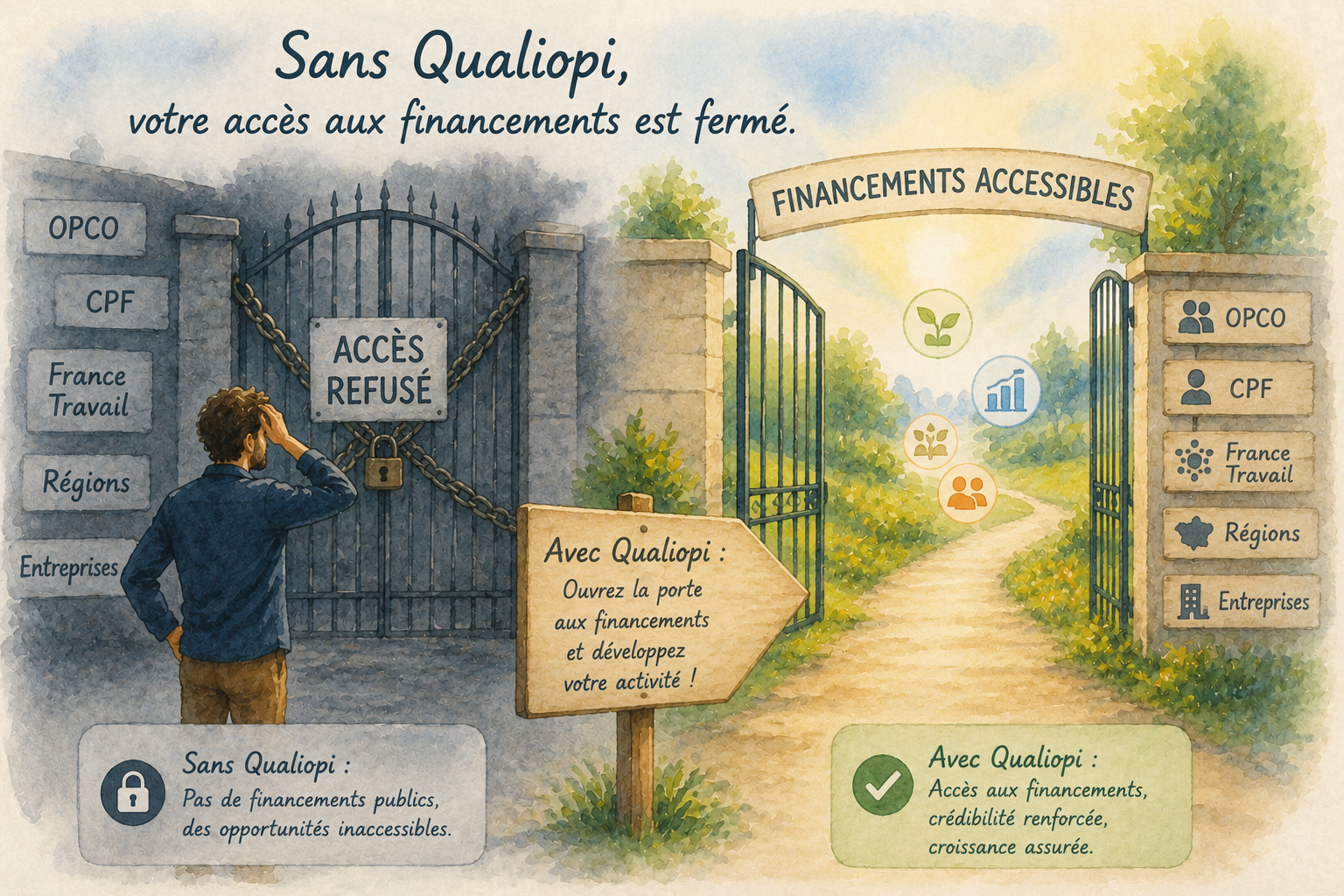Sans Qualiopi, accès aux financements fermé — avec Qualiopi, tous les financements accessibles