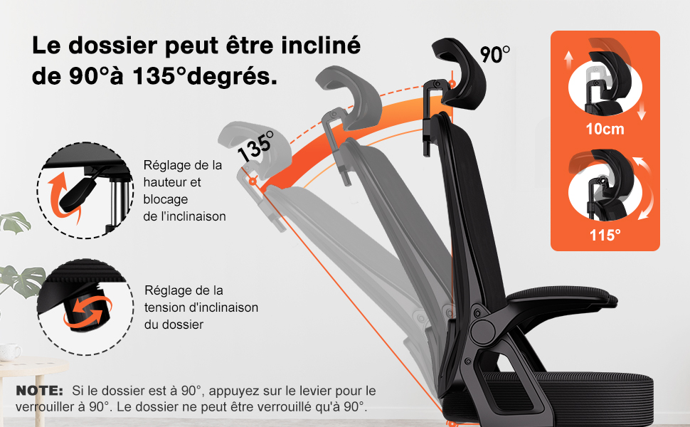 Inclinaison du dossier de 90° à 135° et réglage en hauteur