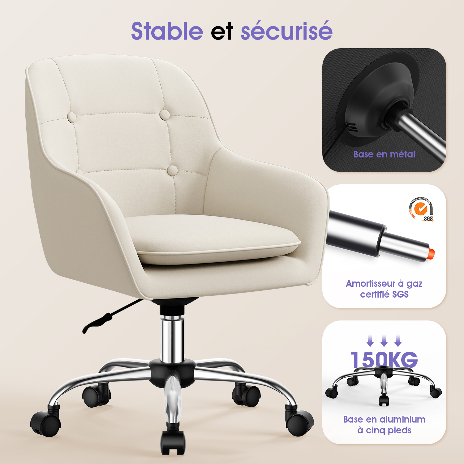 Base métallique stable, roulettes PU et vérin à gaz certifié SGS
