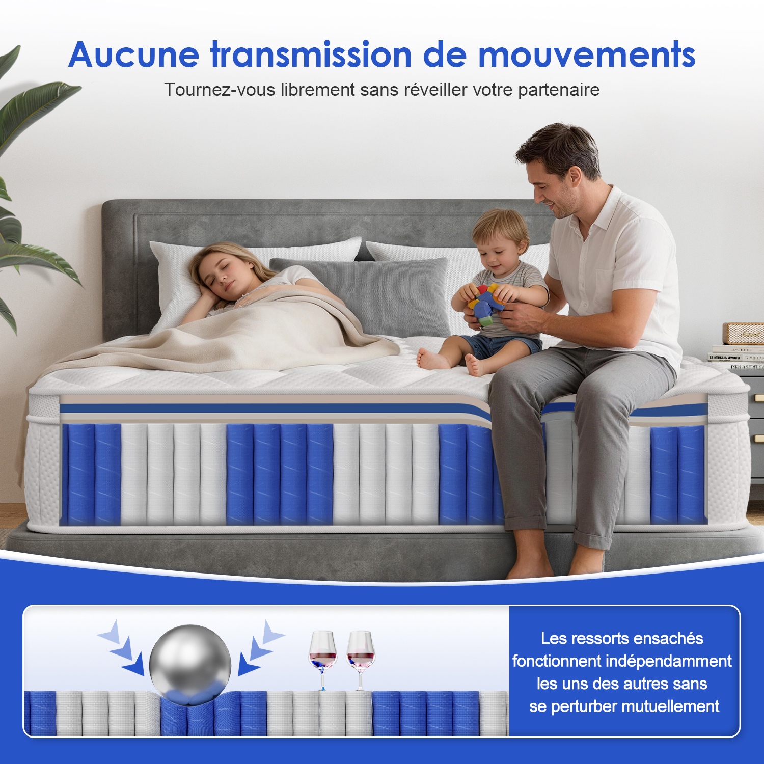 Aucune transmission de mouvements – ressorts ensachés indépendants, idéal pour les couples
